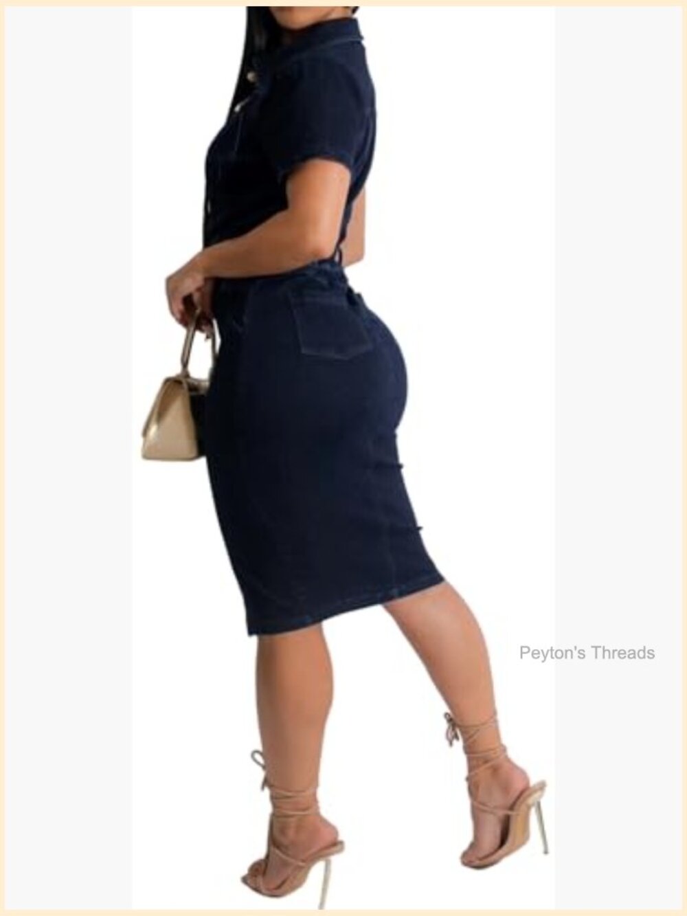 Bodycon Denim Dress with Zipper Short Sleeve V-Neck Midi Club Night Party Dress - Picture 3 of 4